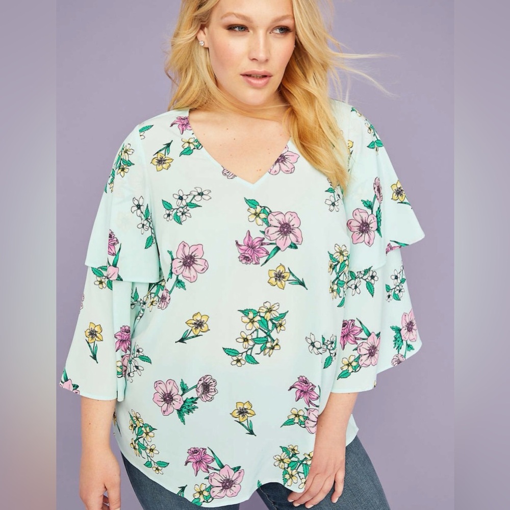 Lane Bryant- Silky Ruffle Sleeve Floral V-Neck Women's Top - Size 18/20 (2X)